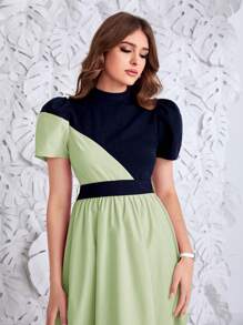 Modelyn Của phụ nữ Khối màu Đứng cổ áo Ống tay áo Đầm - màu xanh lá - Xem 6