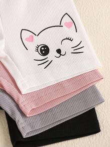 SHEIN Baby Girl Spring/Summer Cute Cat Print Striped Shorts 4pcs Set - Multicolor - View 4