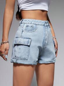 SHEIN EZwear 女士捲邊貨褲牛仔短褲 - 淺色水洗藍 - 查看 7