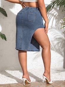 SHEIN VCAY Chân váy denim viền bất đối xứng cỡ lớn - Rửa trung bình - Xem 2