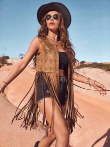 RELISH NOLESS Women's Denim Festival Country Music Concert Holiday Jacket, Casual Sexy Bohemian Style Lightweight Suede Fringe Vest For Summer Spring - Camel - View 6