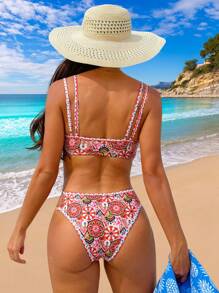 SHEIN Swim Women's Floral All Over Print Cut-Out Double Strap Bikini Set With High Waist, 2pcs/Set Swimwear Summer Beach - Multicolor - View 4