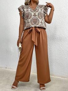 SHEIN LUNE Top imprimé floral de style bohème avec encolure V et manches à volants et pantalon droit ample, style décontracté pour l'été, grande taille