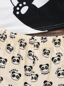 SHEIN 3 Piezas/set Tops De Cuello Redondo Y Manga Corta Con Estampado De Panda Para Chicas Jóvenes, Pantalones Cortos Y Largos Para Vestir Cómodo En Casa