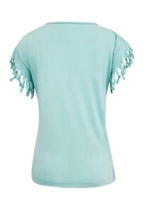 Solid Color Loose Fit Casual T-Shirt With Tassel Hem - Green - View 2