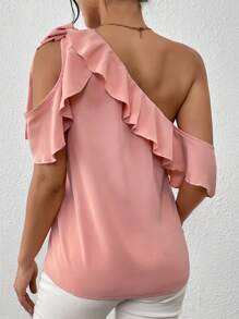 Chiquease Của phụ nữ Giường đơn Màu sắc Bất đối xứng Vòng cổ Viền Ruffle Áo sơ mi - Hồng - Xem 2