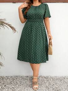 SHEIN Clasi 大码女式波尔卡圆点收腰短袖连衣裙女装，适合夏季 - 墨綠色 - 查看 6