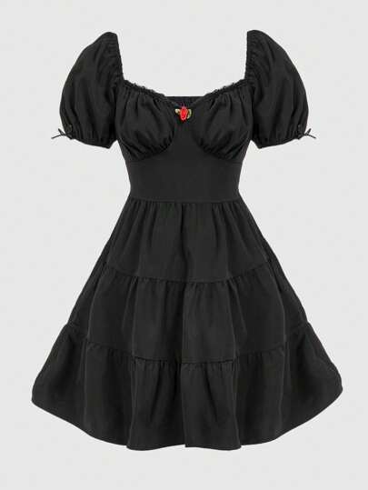 Kawaii 3d Flower & Sweetheart Collar Patchwork Lace Puff Sleeve Dress