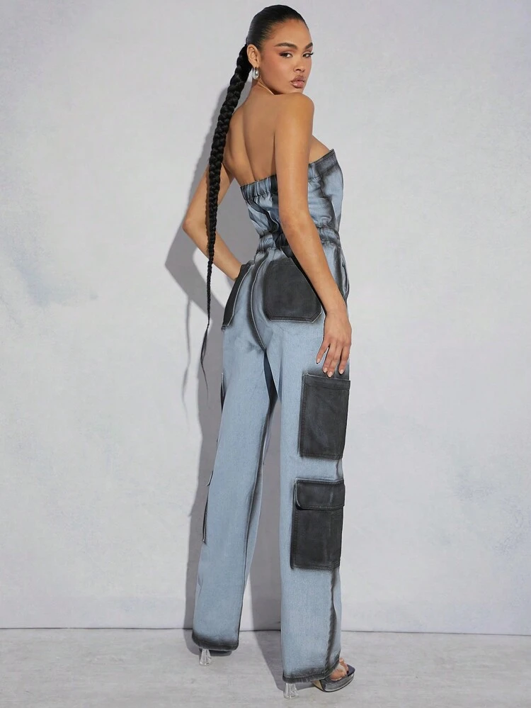 Colorblock Tube Cargo Denim Jumpsuit