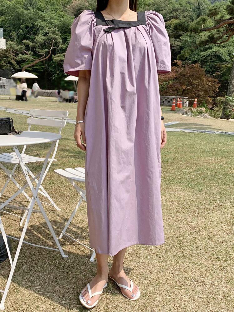 Women's Loose Fit Puff Sleeve Color Block Square Neckline Dress Sundress Maxi Dress