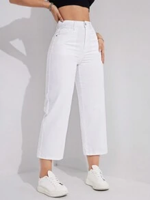 SHEIN ICON 大码女式休闲宽松直筒浅蓝色无弹力牛仔裤 - 白色 - 查看 4