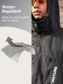 SHEIN In My Nature 男款字母印花拉鍊連帽戶外夾克 - 黑色 - 查看 3