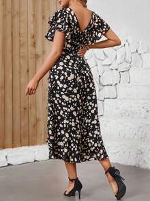 SHEIN Clasi 印花不對稱褶邊連衣裙 - 黑色 - 查看 2