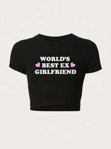 SHEIN Unity Crop Top Slim Fit T-Shirt WORLD'S BEST EX GIRLFRIEND - Black - View 1