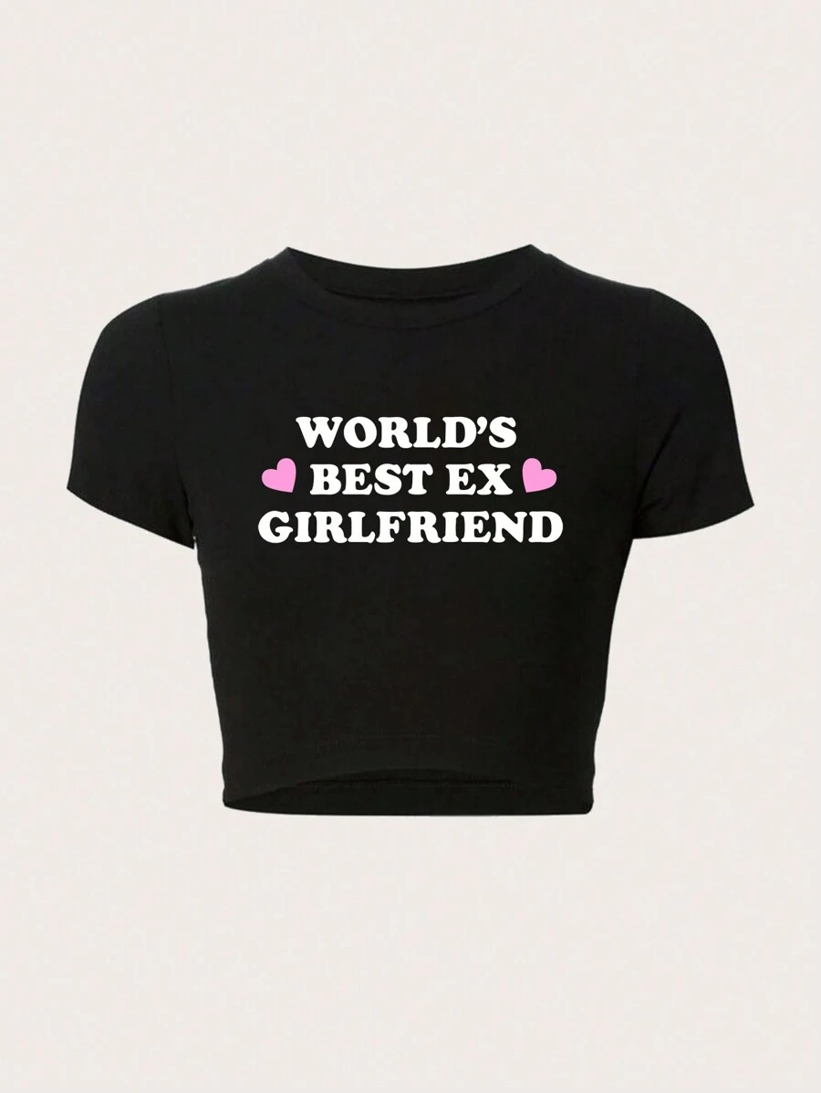 SHEIN Unity Crop Top Slim Fit T-Shirt WORLD'S BEST EX GIRLFRIEND - Black - View 1