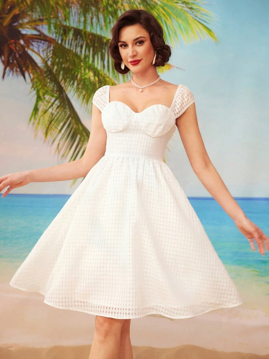 Vintamour 女式復古甜心領島嶼度假裙，褶邊下擺和雨傘裙設計，春夏時尚裝扮長裙白色長裙夏日連衣裙短 - 白色 - 查看 1