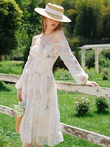 Women Spring Summer Off-Shoulder Long-Sleeve Waist Pleated Vacation Dress - White - View 8