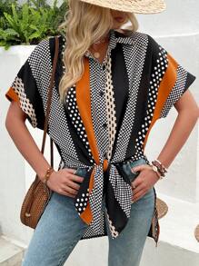 Breezaya Women's Colorblock Geometric Print Patchwork Batwing Sleeve Shirt - Multicolor - View 1