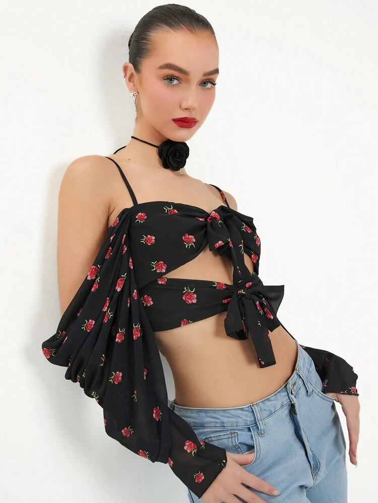 Frauen Florales Druck Vorne Knoten Off Schulter Langarmbluse