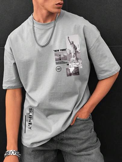 Camiseta de caballero con gráfico de foto y eslogan de cuello caído