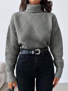 SHEIN Cottnline High Neck Drop Shoulder Sleeve Sweater - Grey - View 3