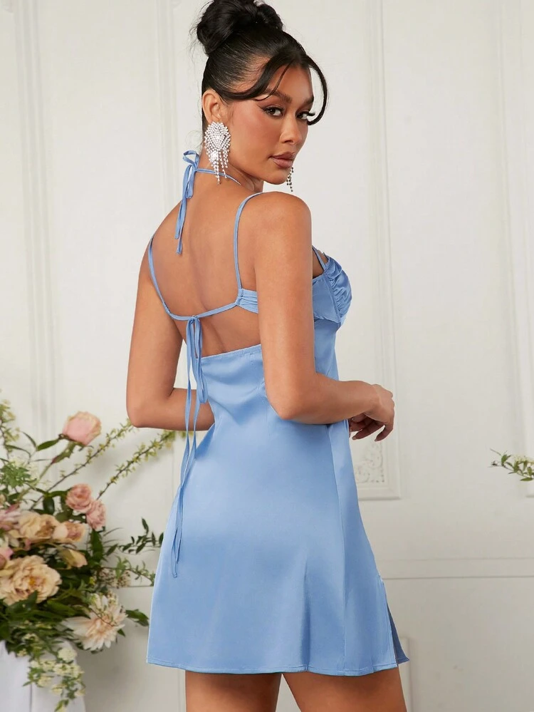 Satin Lace Trim Tie Back Split Dress