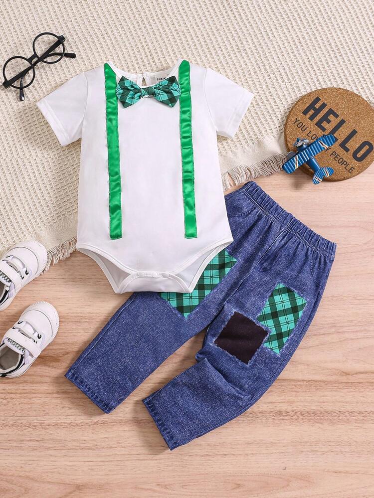 Baby Boy Weave Stripe Short Sleeve Bodysuit & Plaid Fashionable Pants Two Pieces Set Suitable For Birthday Party, Evening Performance, Wedding, Christening, First Birthday