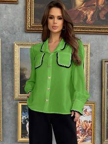 SHEIN Privé Của phụ nữ Bán tuyệt đối Áo sơ mi Với Cắt tương phản Tay áo dài , Mặt trước Vạt váy nút Và Giường đôi tiêu chuẩn Túi - màu xanh lá - Xem 6