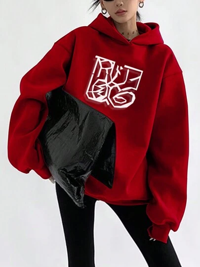 SHEIN EZwear 女士字母印花连帽宽松卫衣，落肩设计，适合毕业季、返校季、教师节等场合，秋季返校套头衫