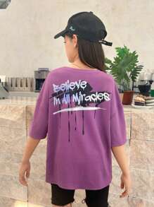 SHEIN 嬰兒級女孩鬆身休閒口號印花落肩t卹,因陽光中的紫外線而一變多色 - 紫色 - 查看 4