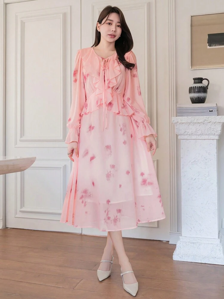 Women's Floral Print Chiffon High Waist A-Line Dress With Belt,Ruffle,Fall Dress Long Sleeve Dress