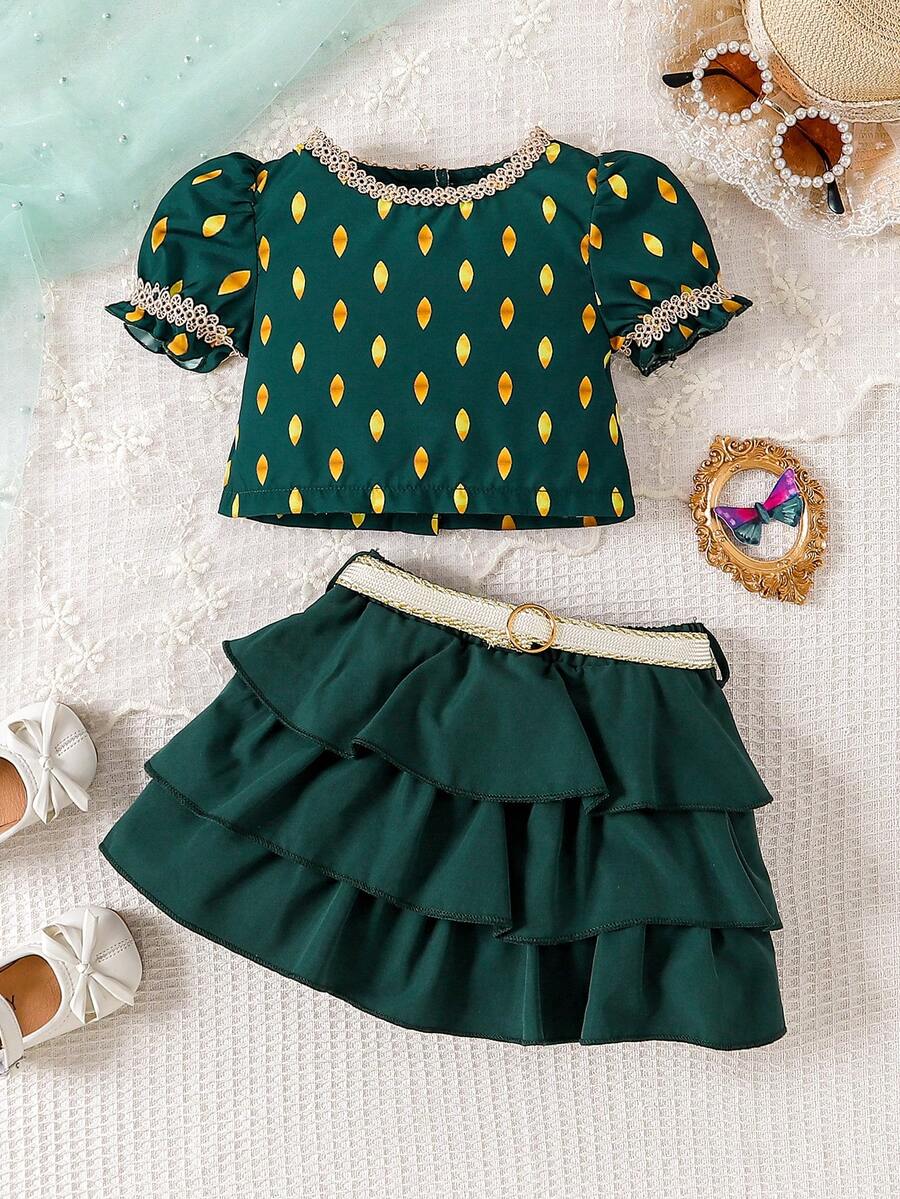 女嬰春夏裝套裝,豪華金箔印花上衣,襯帶點綴,層次分明的荷葉邊裙 - 彩色 - 查看 1