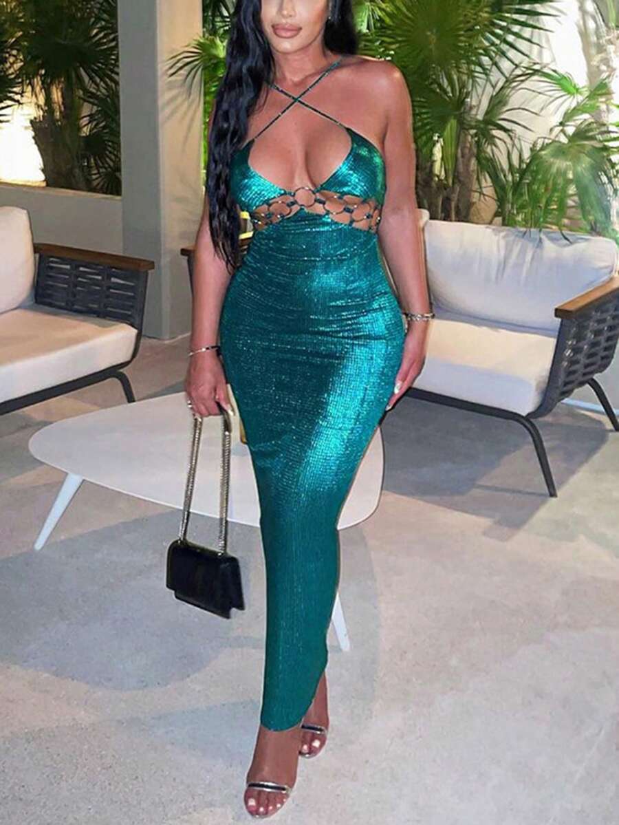 Backless O-Ring Detail Bodycon Slip Dress - Blue - View 1