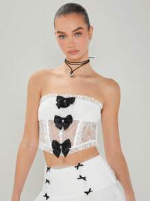 Enchnt Summer Women's Lace Strapless Corset Top With Bowknot Decoration - White - View 6