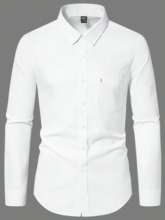 Manfinity Mode Men's Patchwork Plain Long Sleeve Shirt With Chest Pocket, For Husband, Work, Slim Fit Dress Shirt Men, Slim Fit White Shirt, White Dress Shirt Men, Men's White Button-Down Shirt, For Fall