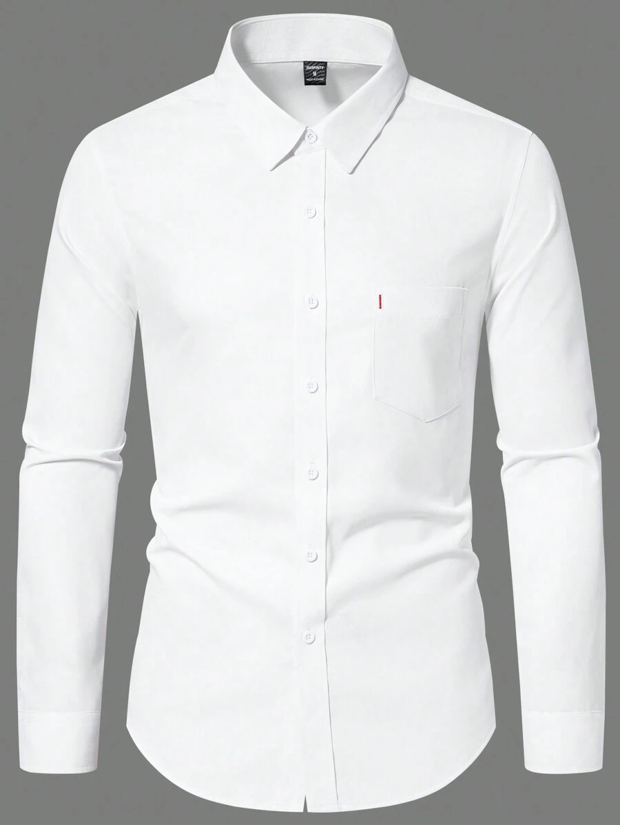 Manfinity Mode Men's Patchwork Plain Long Sleeve Shirt With Chest Pocket, For Husband, Work, Slim Fit Dress Shirt Men, Slim Fit White Shirt, White Dress Shirt Men, Men's White Button-Down Shirt, For Fall - White - View 1