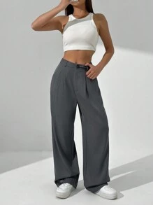 SHEIN Unity High-End Grey Wide-Legged Pleated Straight Suit Summer Pants - Grey - View 1