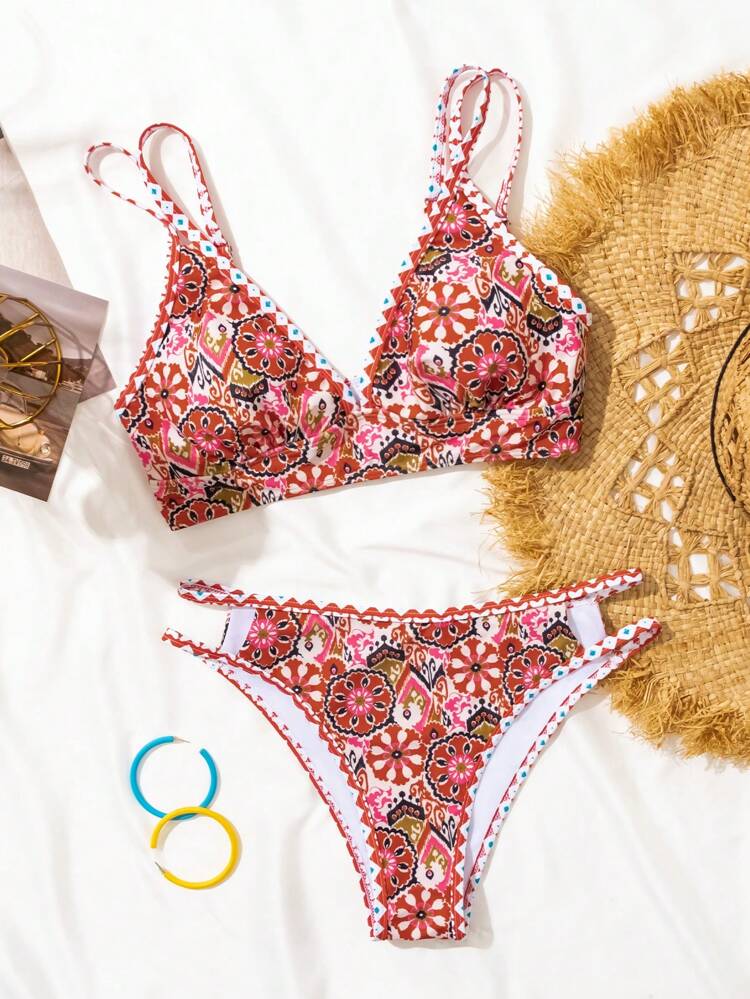 Women's Floral All Over Print Cut-Out Double Strap Bikini Set With High Waist, 2pcs/Set Swimwear Summer Beach