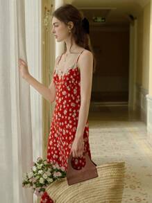 Simple Retro Plus Size Women's Sweet Floral Contrast Lace Spaghetti Strap Dress, French Elegant Vintage Style Summer Vacation Dress - Red - View 5