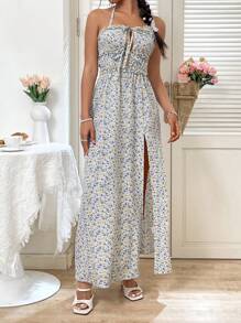 Chiquease Vestido De Mujer Con Diseño Floral, Cuello Halter Y Abertura Alta En La Falda - Púrpura malva - Ver 5