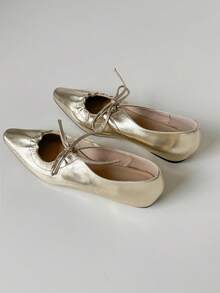 Women's Gold Tone Ribbon Flat Ballet Shoes - Gold - View 2