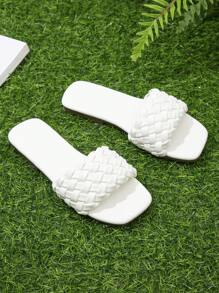 儿童纯色方头编织时尚平底凉鞋夏季