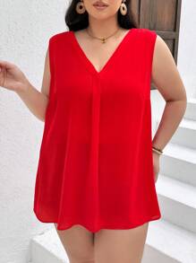 SHEIN CURVE+ بلوزة نسائية بدون أكمام وبياقة على شكل حرف V بلون سادة وجميع المقاسات - الأحمر - مشاهدة 4