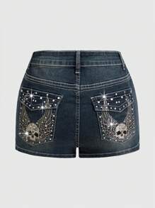 ROMWE Grunge Punk Women's Studded Skull Design Denim Shorts, School - Blue - View 5