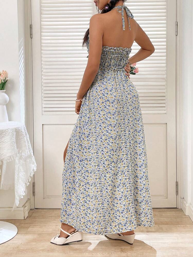 Women's Floral Print Halter Neck High Split Dress