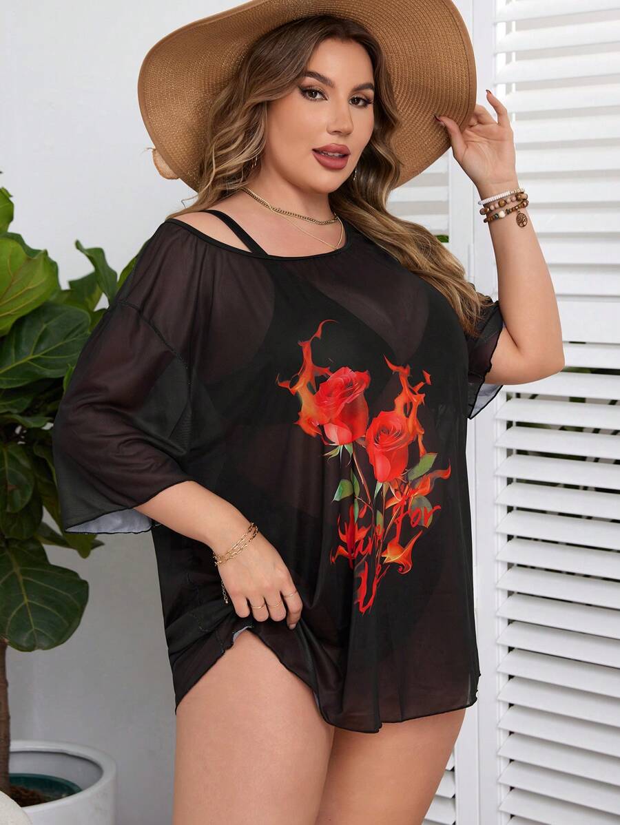 SHEIN Swim Curve 大码 V 领分体式泳衣套装，带花卉印花罩衫，夏季