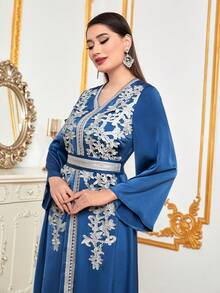 Women's Embroidered Patch Ribbon Patchwork Flare Sleeve Arabic Style Dress - Blue - View 5