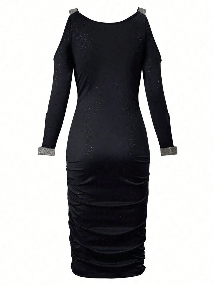 Women's Draped-Neck Rhinestone Decoration Ruffle Bodycon Dress Fall Cloth For Women