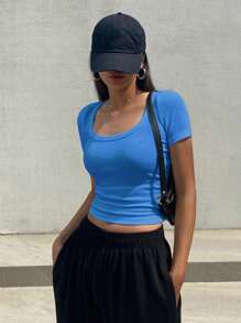 DAZY Ladies' Solid Color Short Sleeve T-Shirt With Big Round Neck Summer,Crop Tops Women