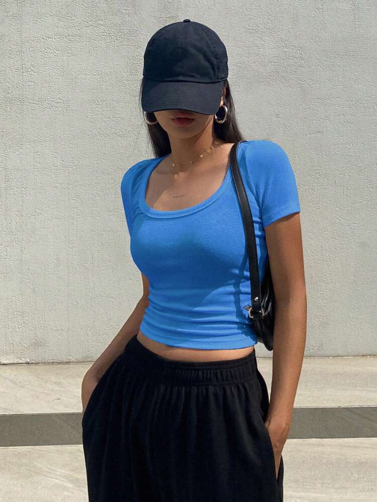 Ladies' Solid Color Short Sleeve T-Shirt With Big Round Neck Summer,Crop Tops Women